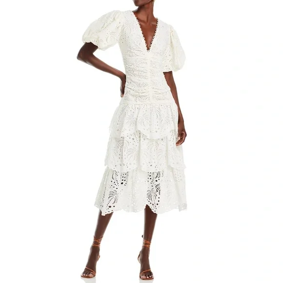 knee length dresses for ladies Josie Eyelet Floral Alessi Puff Sleeve Midi Dress main image 1